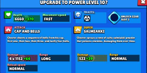 A third display of Chester's stats on a blue background in Brawl Stars