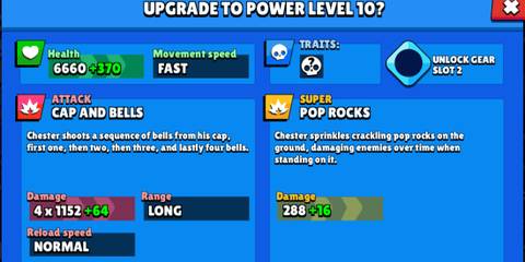 A fourth display of Chester's stats on a blue background in Brawl Stars