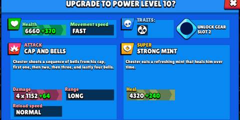 A fifth display of Chester's stats on a blue background in Brawl Stars