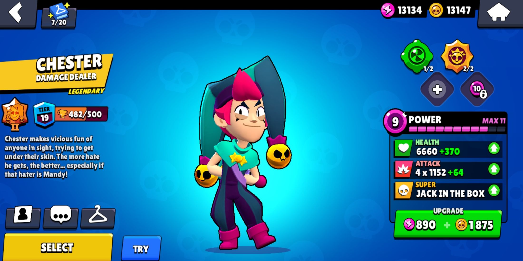 Chester standing in front of a blue background in Brawl Stars