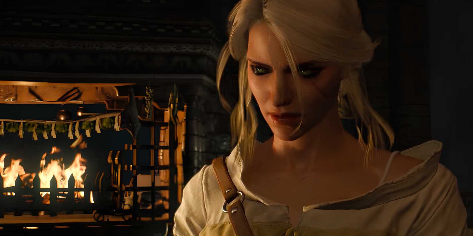 Ciri standing in front of a fireplace with an intense expression in The Witcher 3