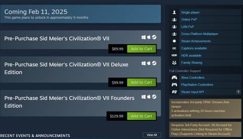civilization 7 drm requirements on steam