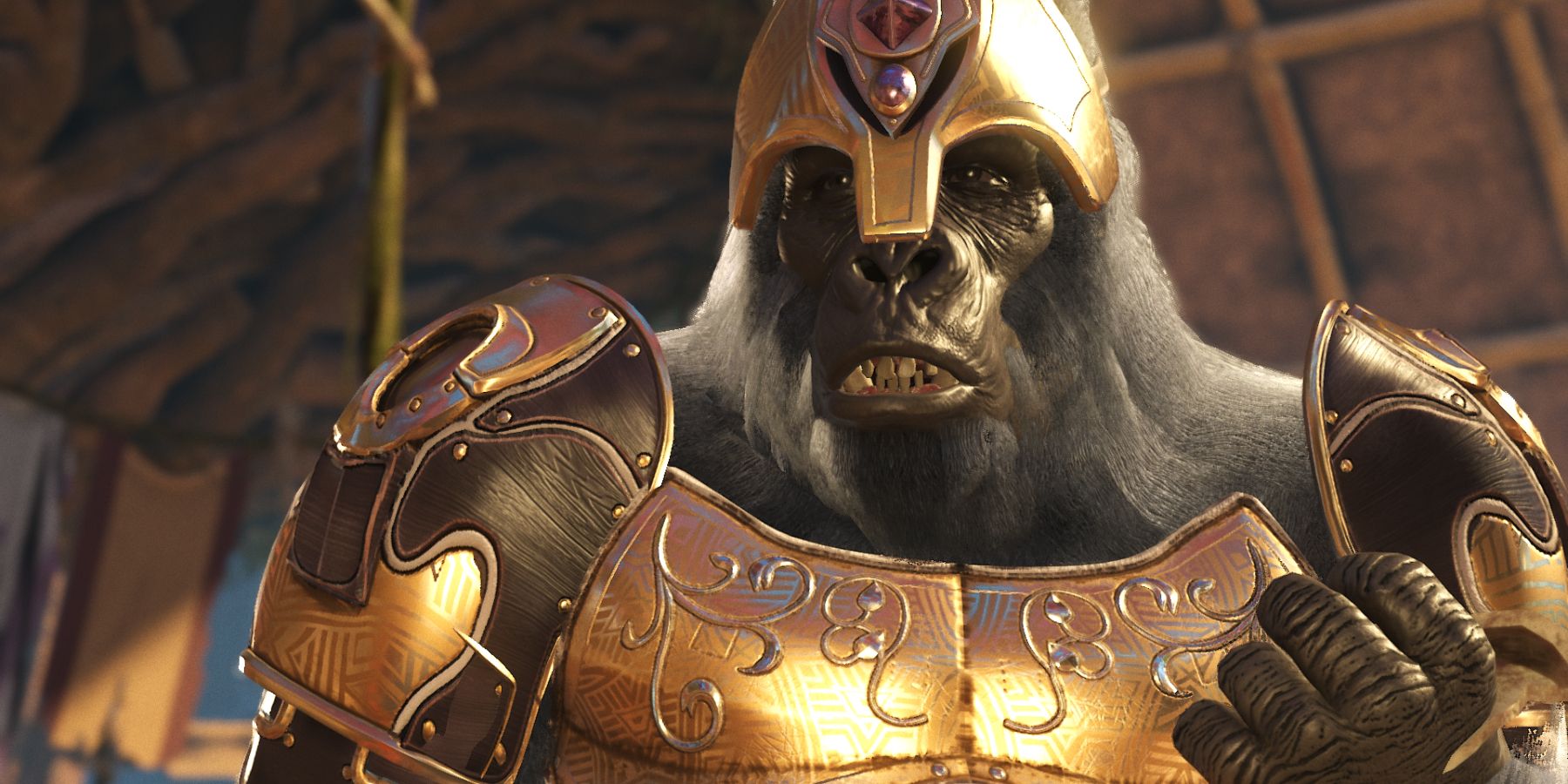 Close-up of Gorilla Grodd in red and silver armor from Injustice 2