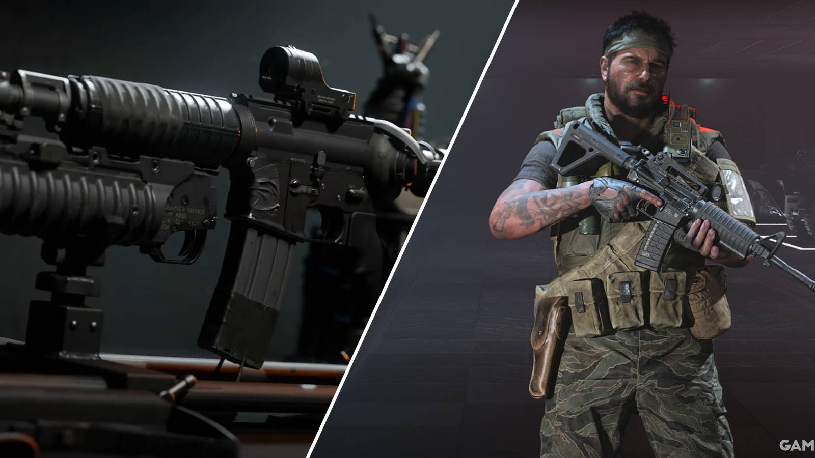 Split-image showcasing the Gunsmith and the Woods Operator Pack in Black Ops 6