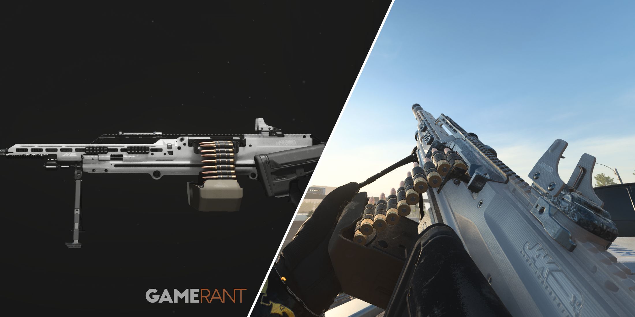 Split-image showcasing the JAK Protean Kit on the RAAL MG Light Machine Gun in Modern Warfare 3 and Warzone