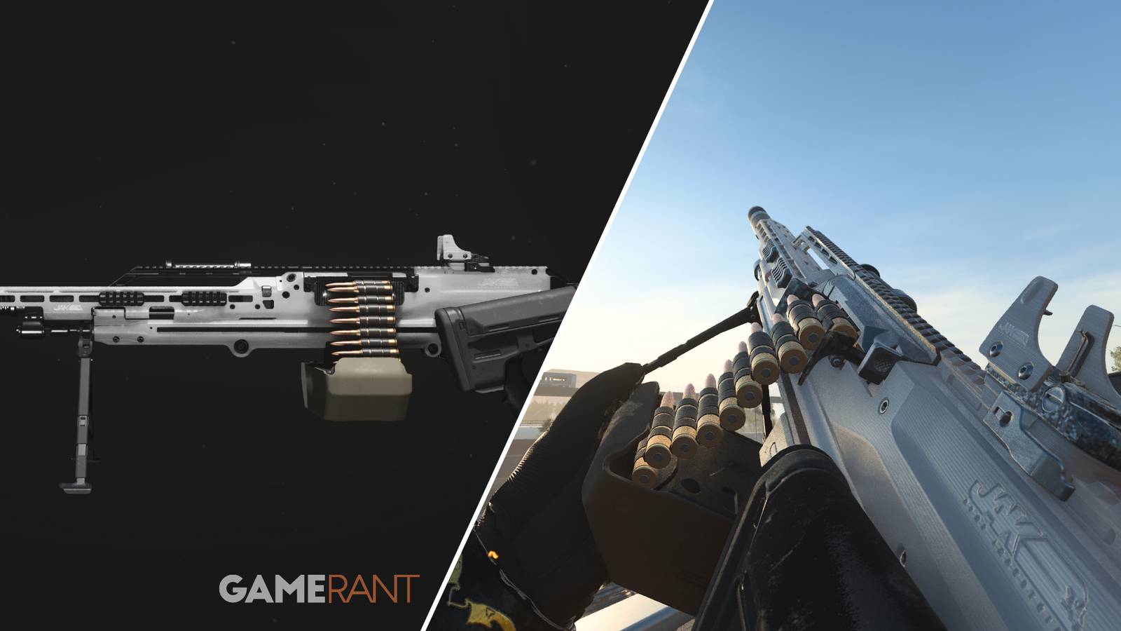 Split-image showcasing the JAK Protean Kit on the RAAL MG Light Machine Gun in Modern Warfare 3 and Warzone