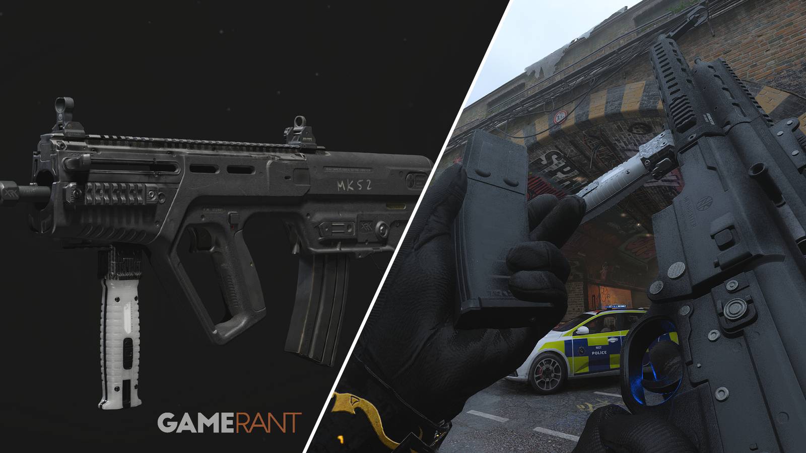 Split-image showcasing the JAK Slash Aftermarket Part in Modern Warfare 3 and Warzone