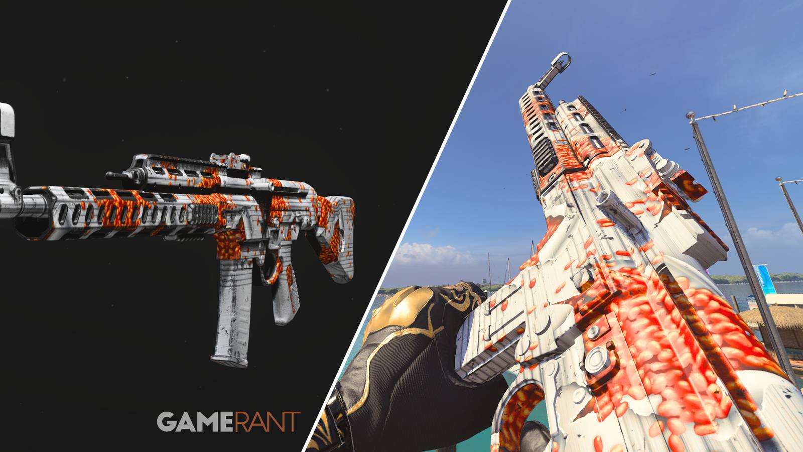 Split-image showcasing the Spilled Beans Camo in Modern Warfare 3 and Warzone