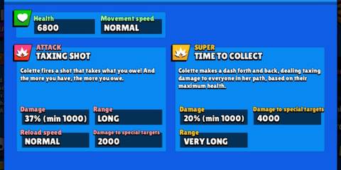 A display of Colette's stats on a blue background in Brawl Stars