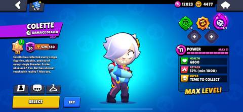 Colette standing in front of a blue background in the Brawl Stars menu