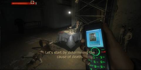 Ethan holding a cell phone out at a crime scene. On-screen text reads: Let's start by determining the case of death