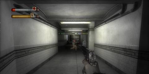 Ethan shooting an enemy with a pistol down a long corridor