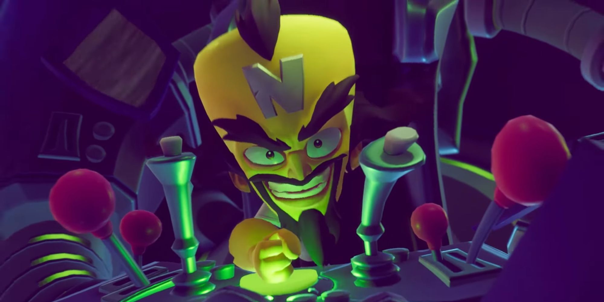 Cortex attempts to destroy Crash during the final battle of the game.