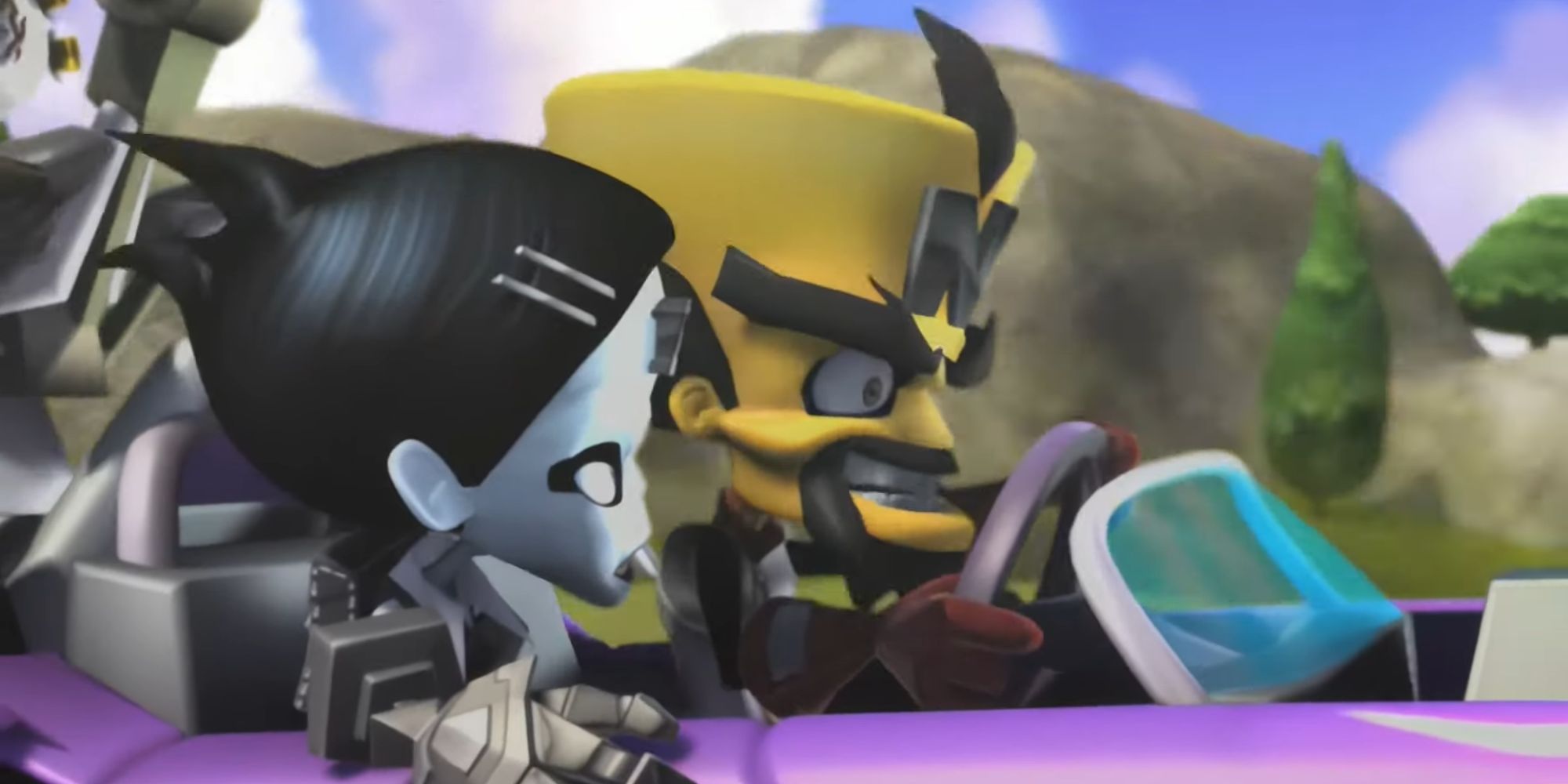 Cortex, Nina and N.Gin riding a car in the opening cutscene.