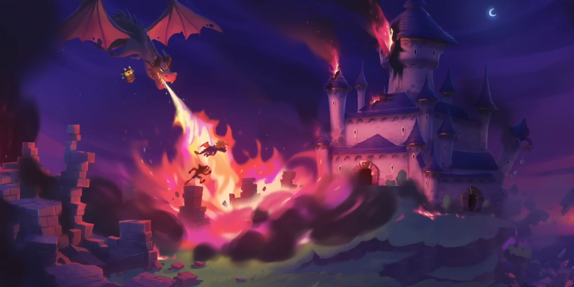 Crash and Spyro clash against Uka Uka and a possessed dragon in Crash 5 concept art.