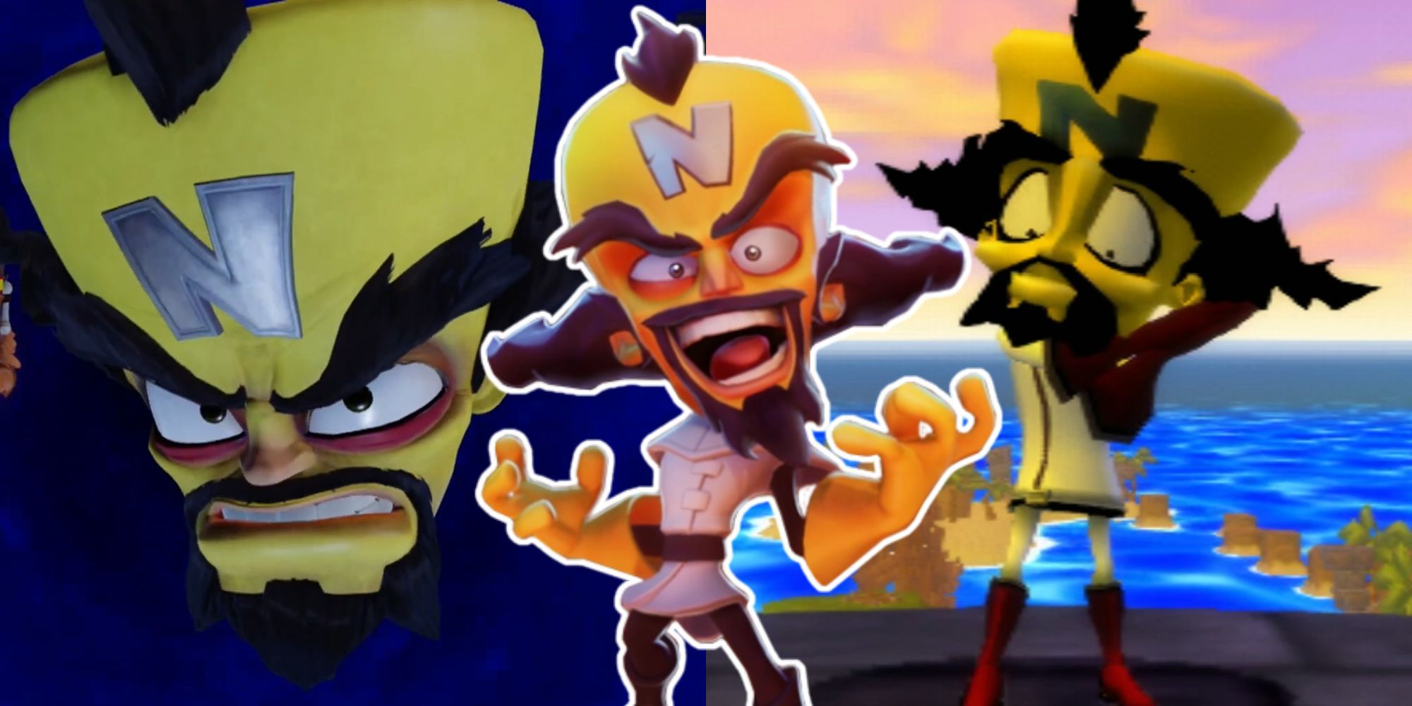 A collage of Neo Cortex's many appearances in different Crash Bandicoot games: The N. Sane Trilogy version of Warped, Crash Twinsanity and his render from Crash 4: It's About Time