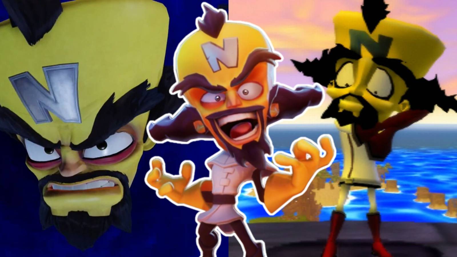 A collage of Neo Cortex's many appearances in different Crash Bandicoot games: The N. Sane Trilogy version of Warped, Crash Twinsanity and his render from Crash 4: It's About Time