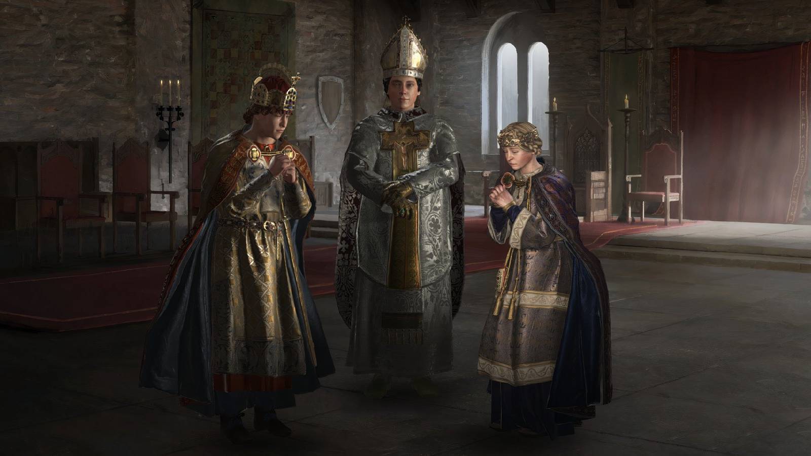 Praying before the court chaplain in Crusader Kings 3.