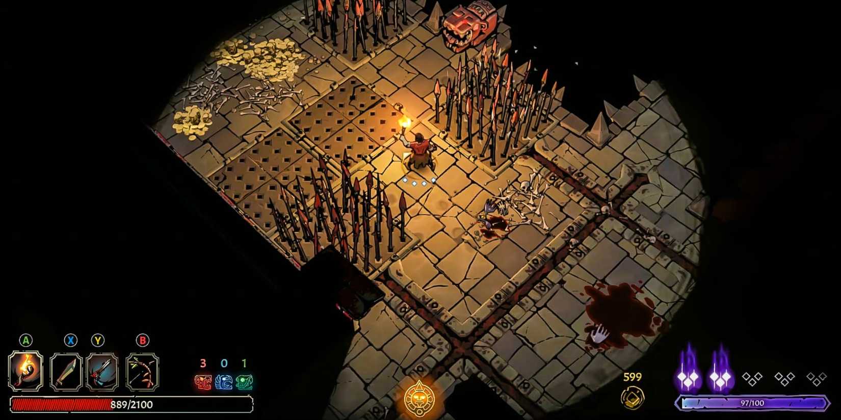 Curse of the Dead Gods player making their way through a dungeon