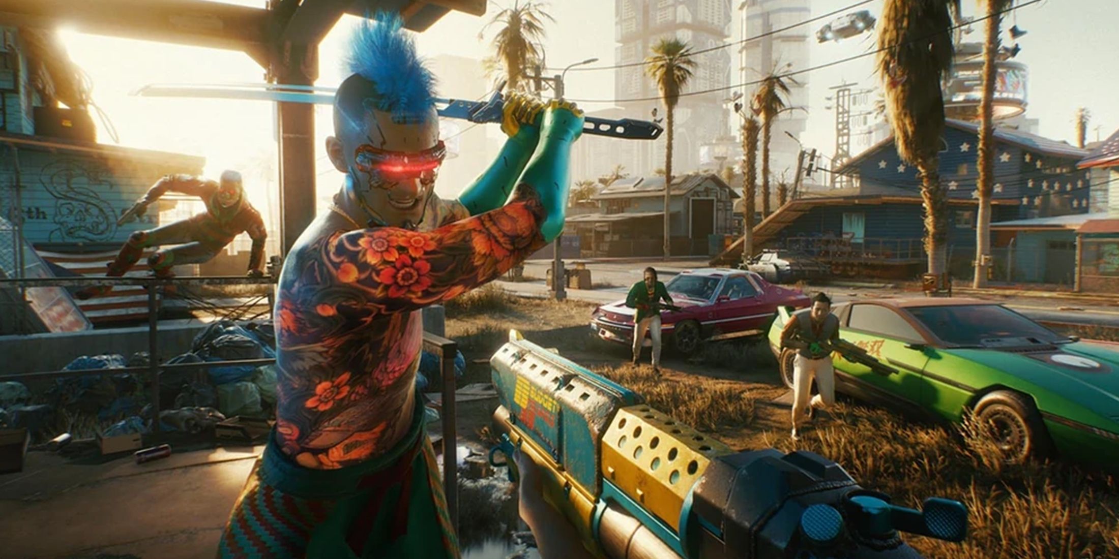 V battling the Tyger Claws in Cyberpunk 2077