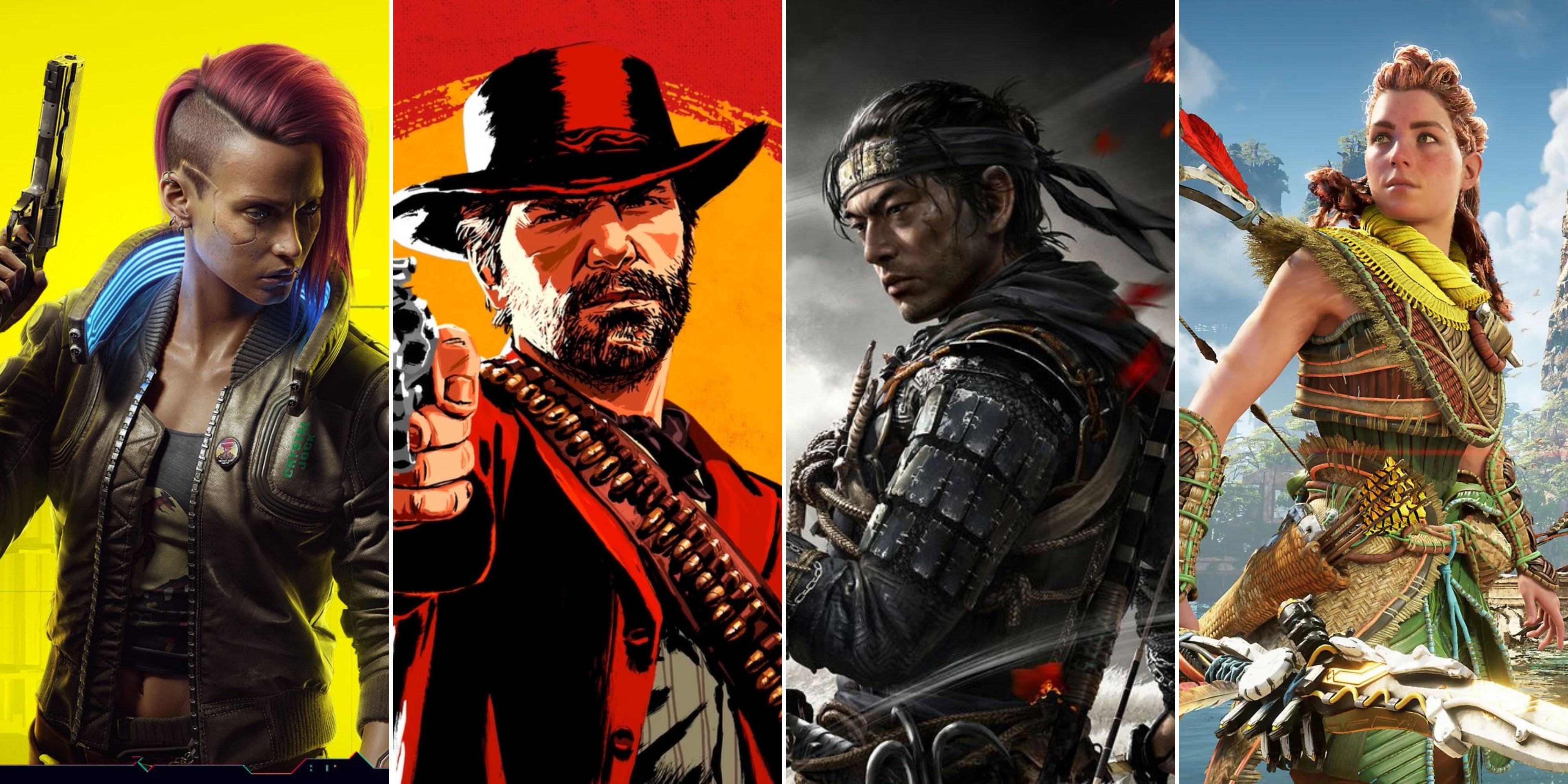 cyberpunk rdr2 ghost of tsushima horizon forbidden west cover art split image