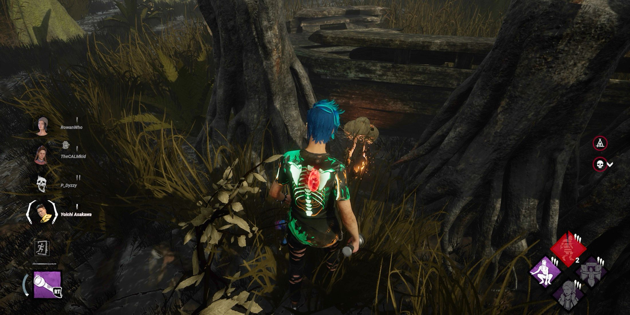 blue hair Nea looks at glowing totem