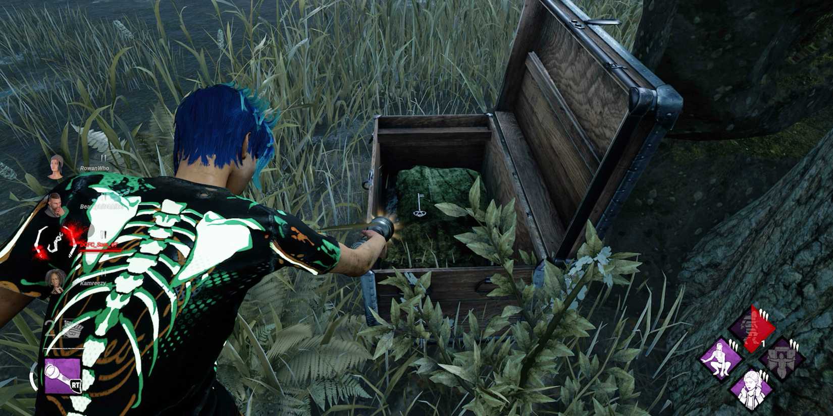 blue hair nea shining a flashlight on a key in a chest