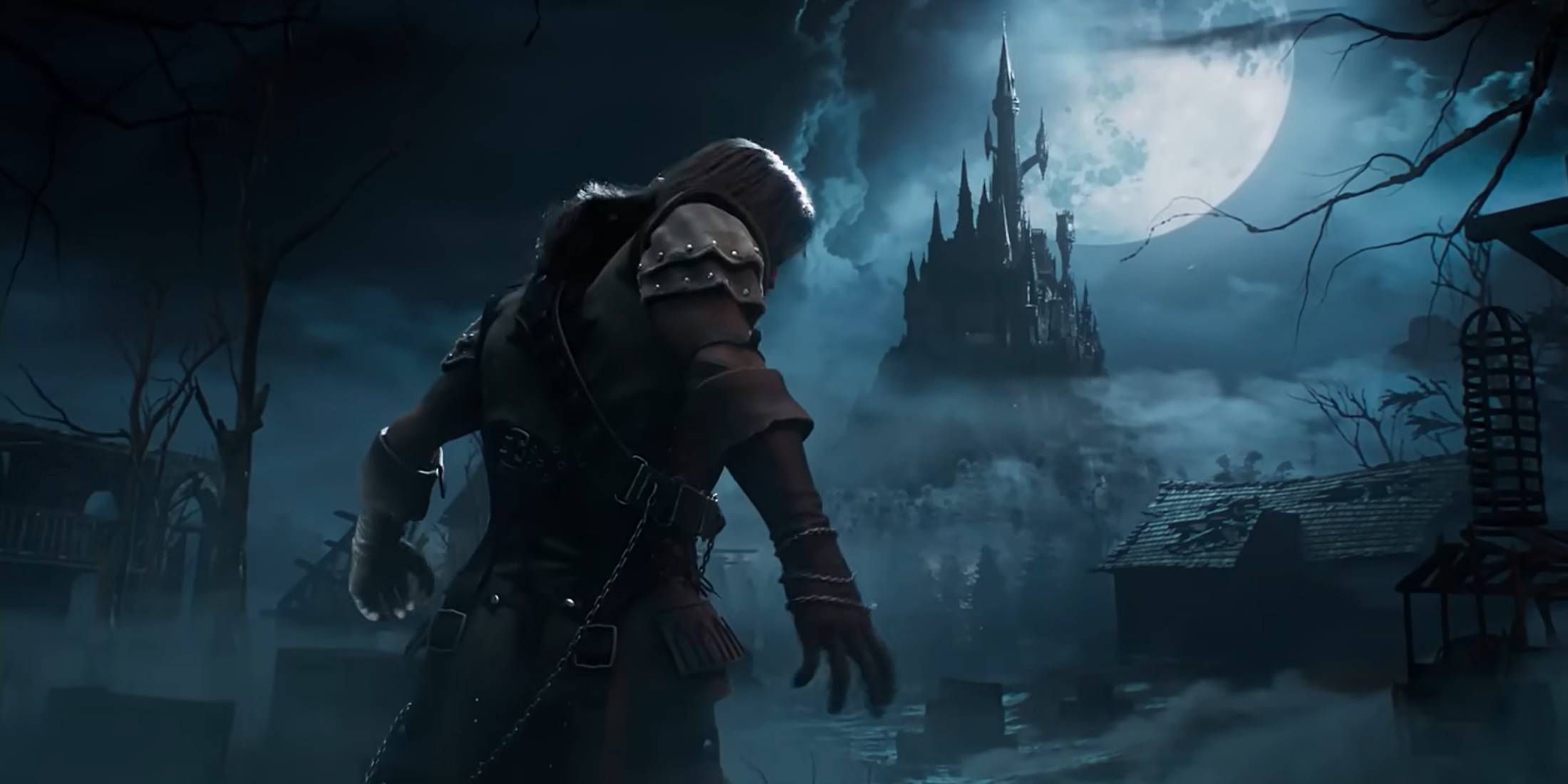 Trevor Belmont in front of Dracula's castle in Dead by Daylight's Castlevania trailer