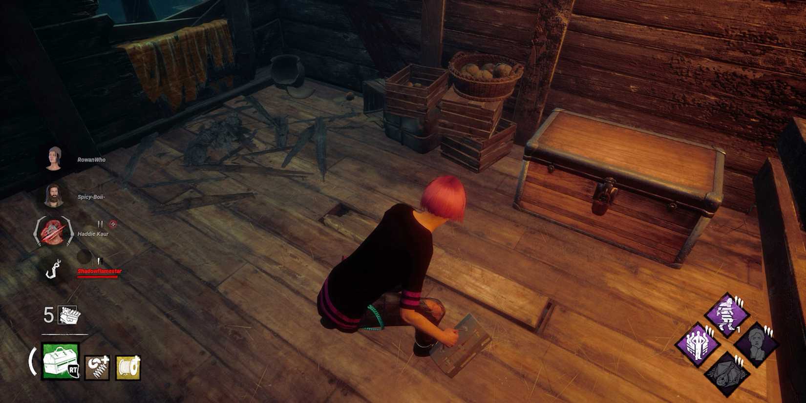 nea with pink hair crouching at a chest
