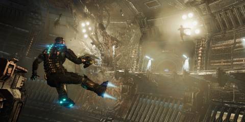 Isaac Clarke flying around a spacecraft hull in Dead Space
