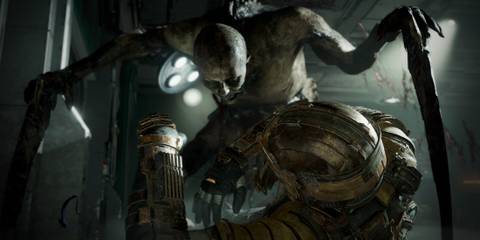 An armed soldier being attacked by a Necromorph