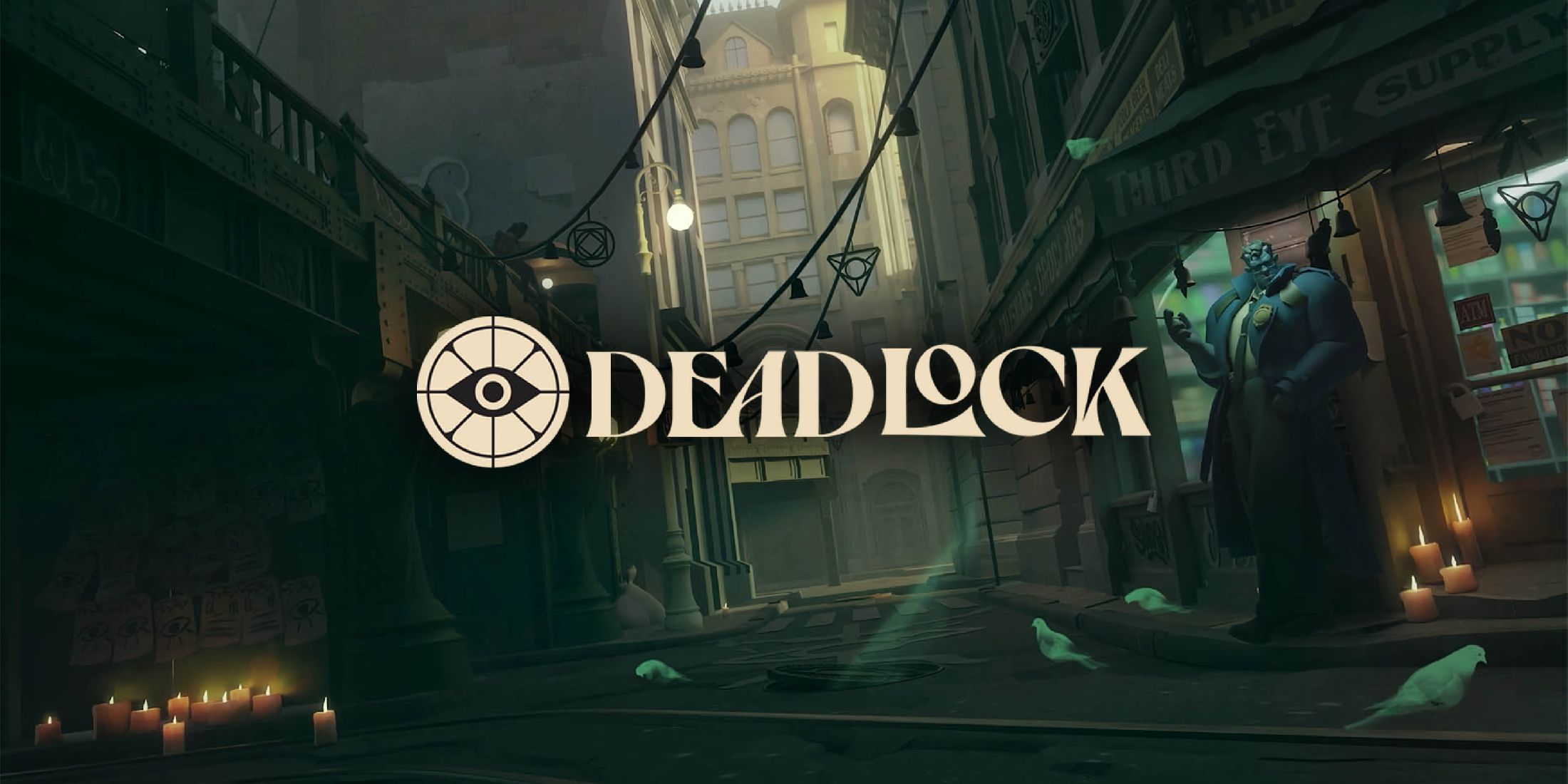 A screenshot of Deadlock overlaid with the game's logo