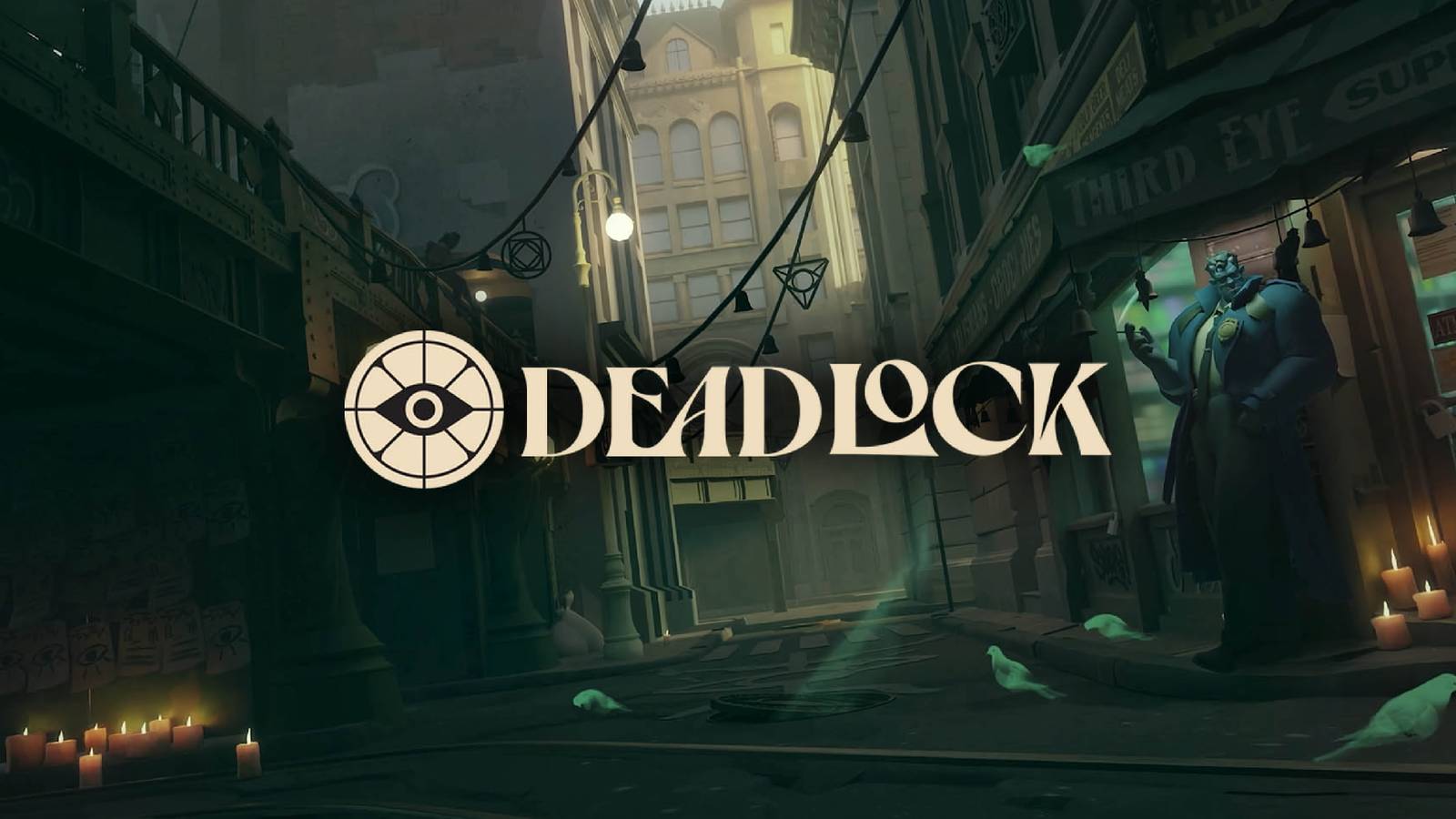 A screenshot from Deadlock overlayed with the game's logo
