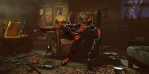 Deadpool Lounging In His Chair Playing With A Wolverine Action Figure