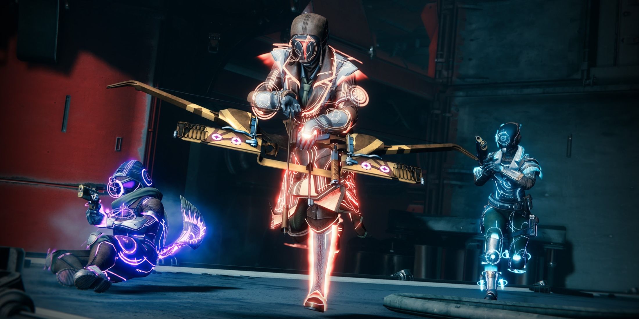 A Destiny 2 fireteam is playing an in-game activity, with each player clad in Solstice-themed Guardian armor.