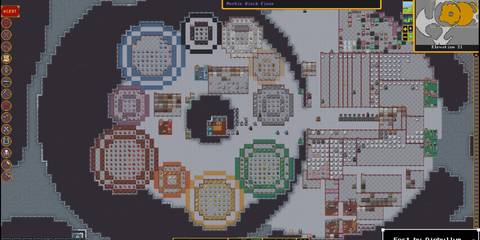 Detailed layout of an underground fortress in Dwarf Fortress