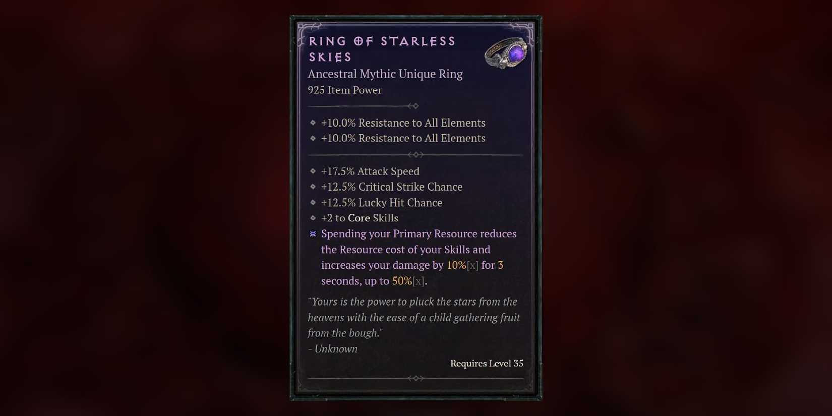 Diablo 4 Ring of Starless Skies Stats