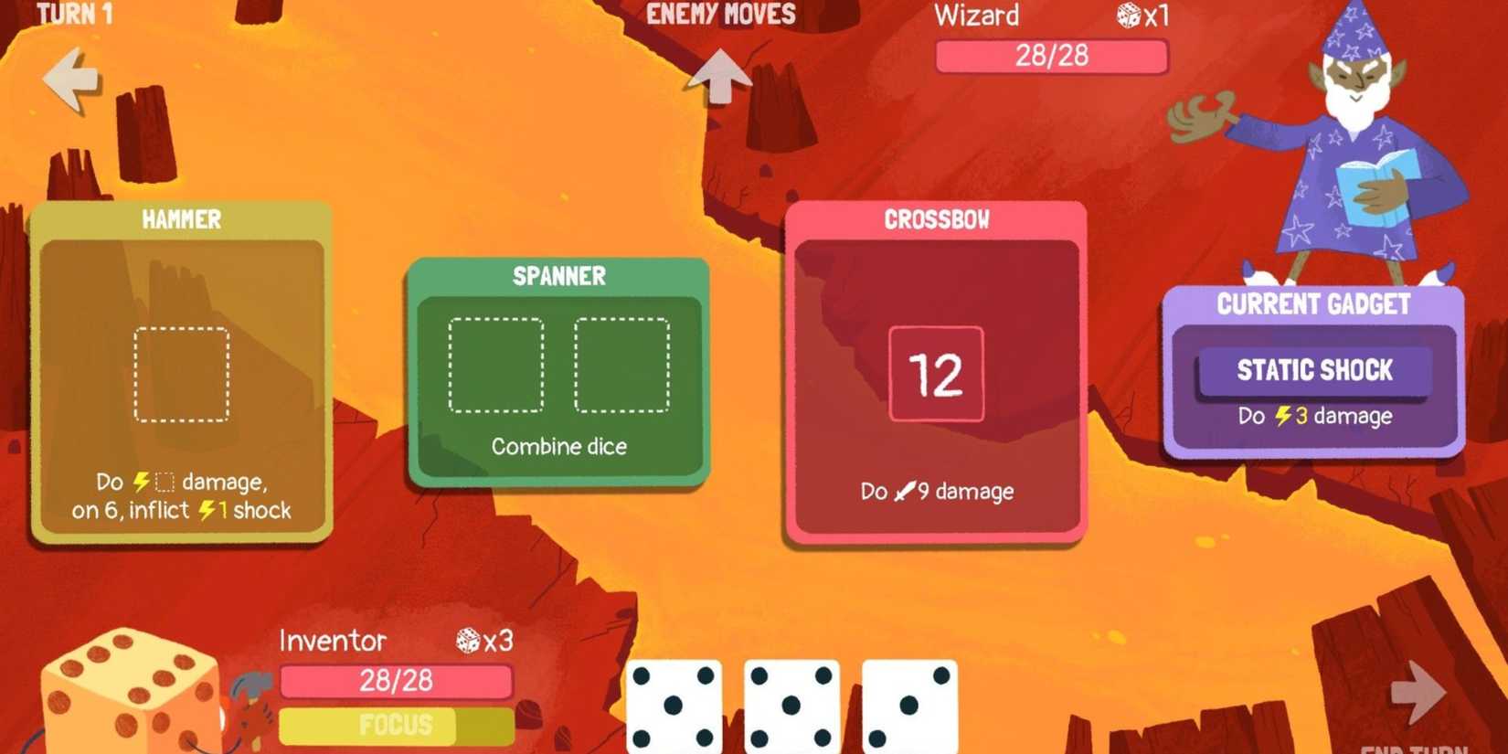 Dicey Dungeons battle occurring between inventor and wizard