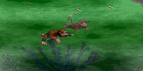Donkey and Diddy Kong swimming through Poison Pond.