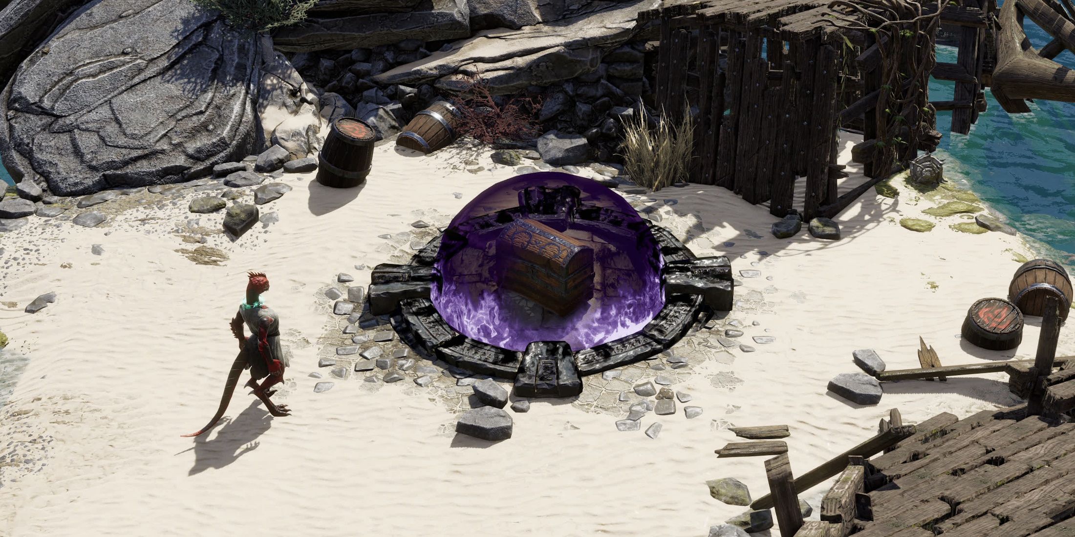 A party member discovering a magically sealed chest in the Hollow Marshes