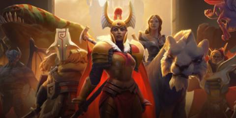 Dota 2: Juggarnaut, Legion Commander, Mirana, Invoker, and Night Stalker standing.