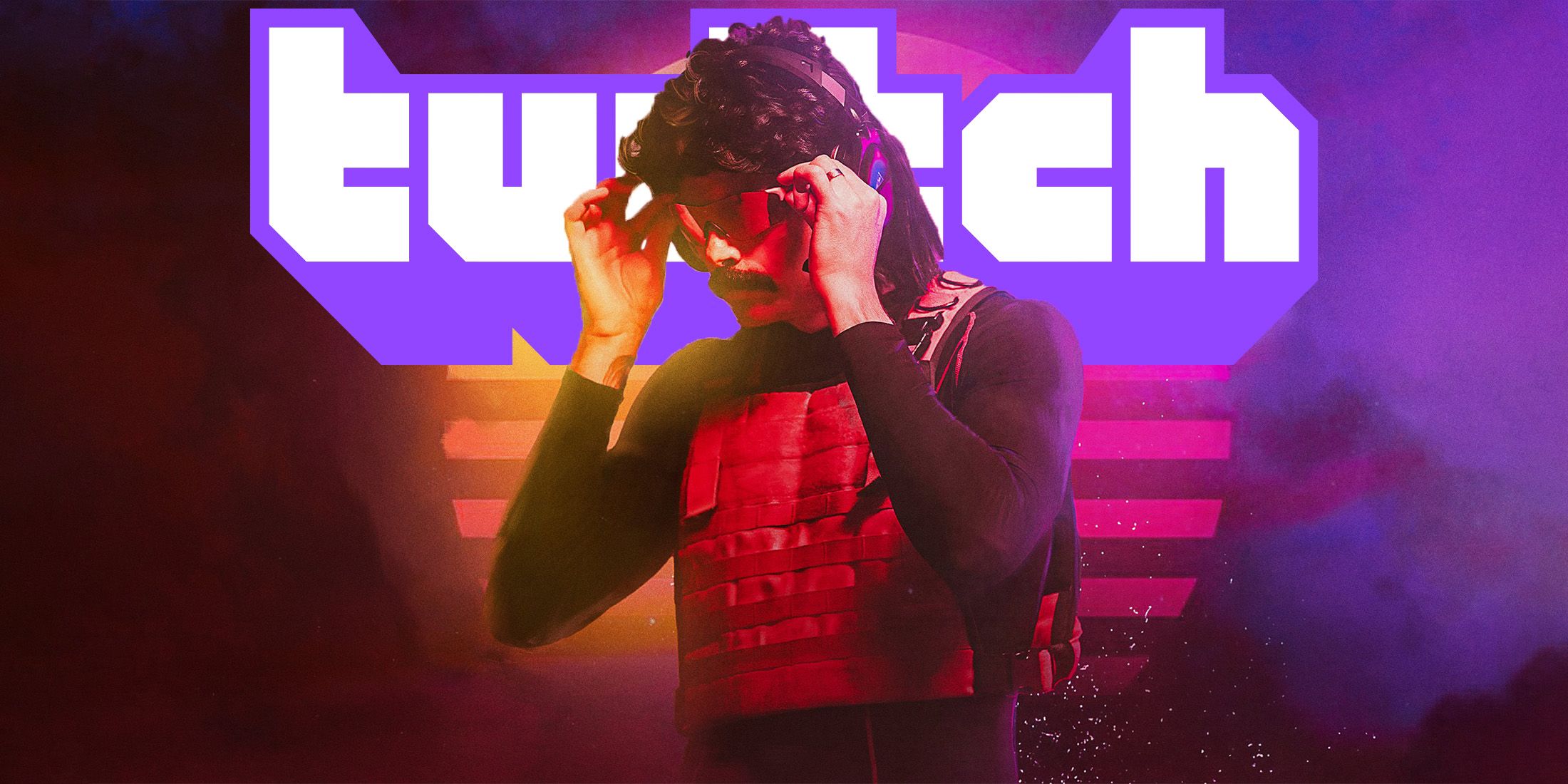 Dr Disrespect in front of retro synthwave varpowave splintered sun and Twitch logo composite