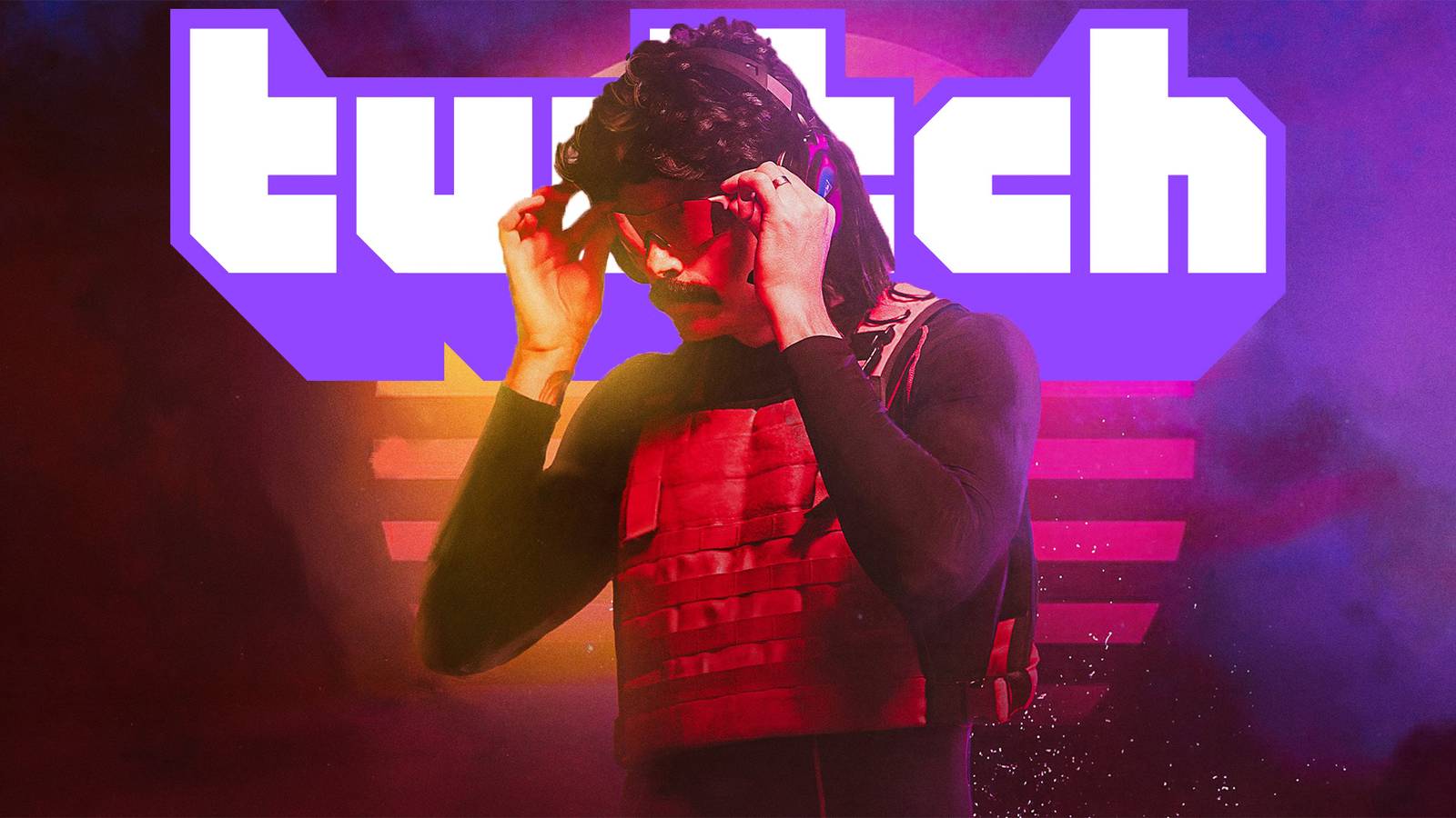 Dr Disrespect in front of retro synthwave varpowave splintered sun and Twitch logo composite