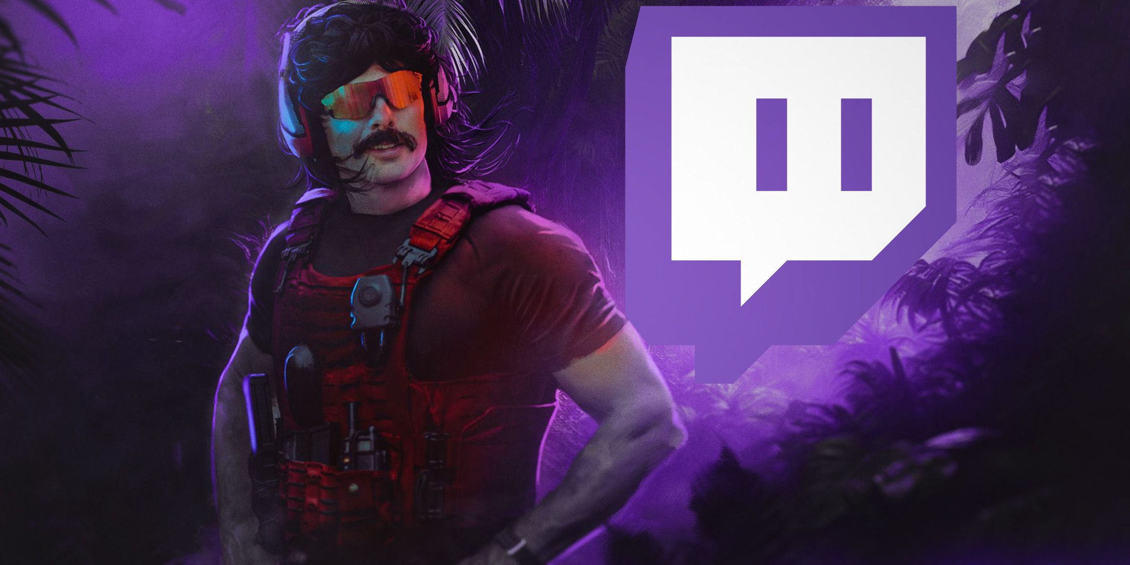 Dr Disrespect next to old Twitch logo in jungle purple composite