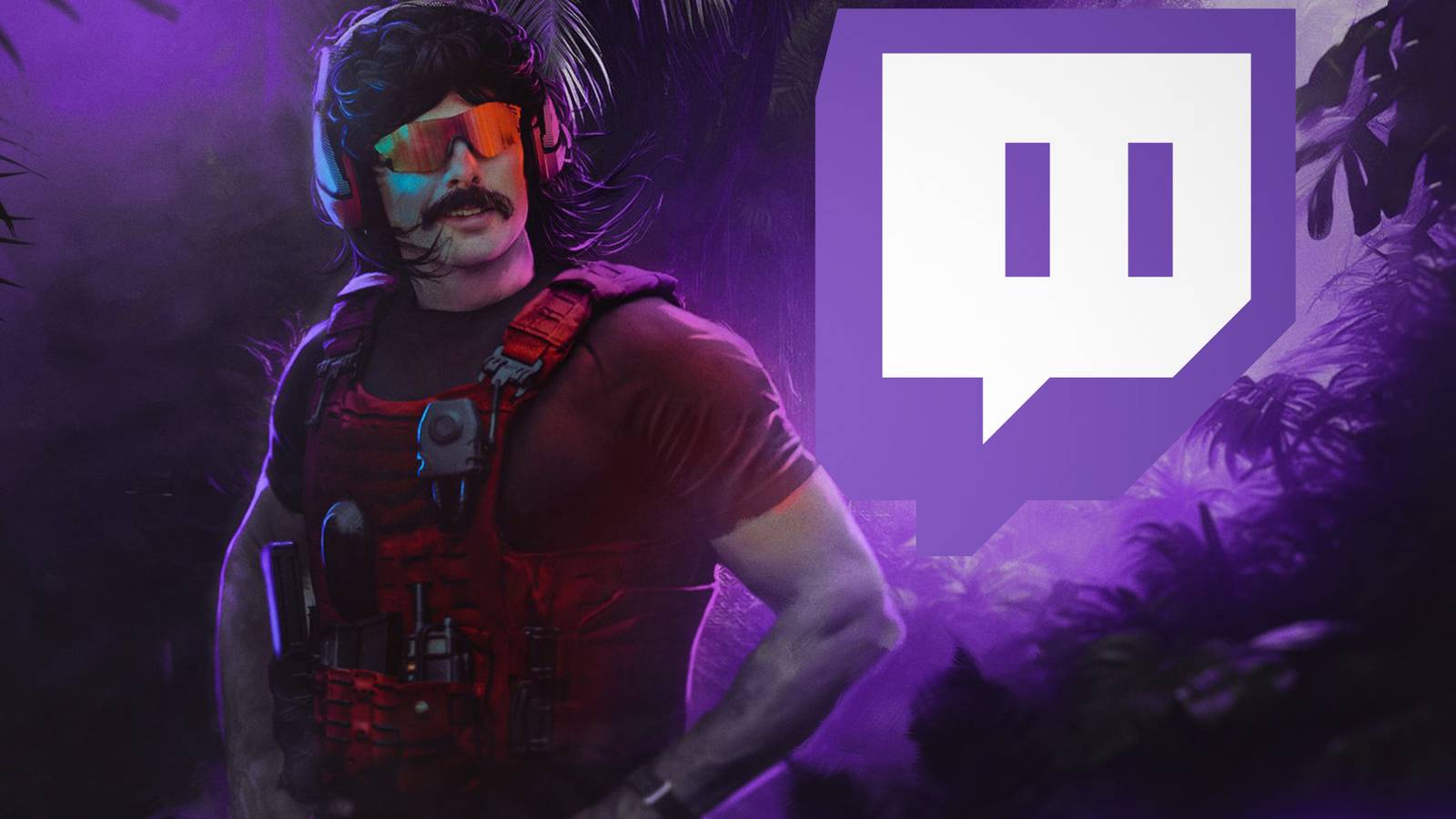 Dr Disrespect next to old Twitch logo in jungle purple composite