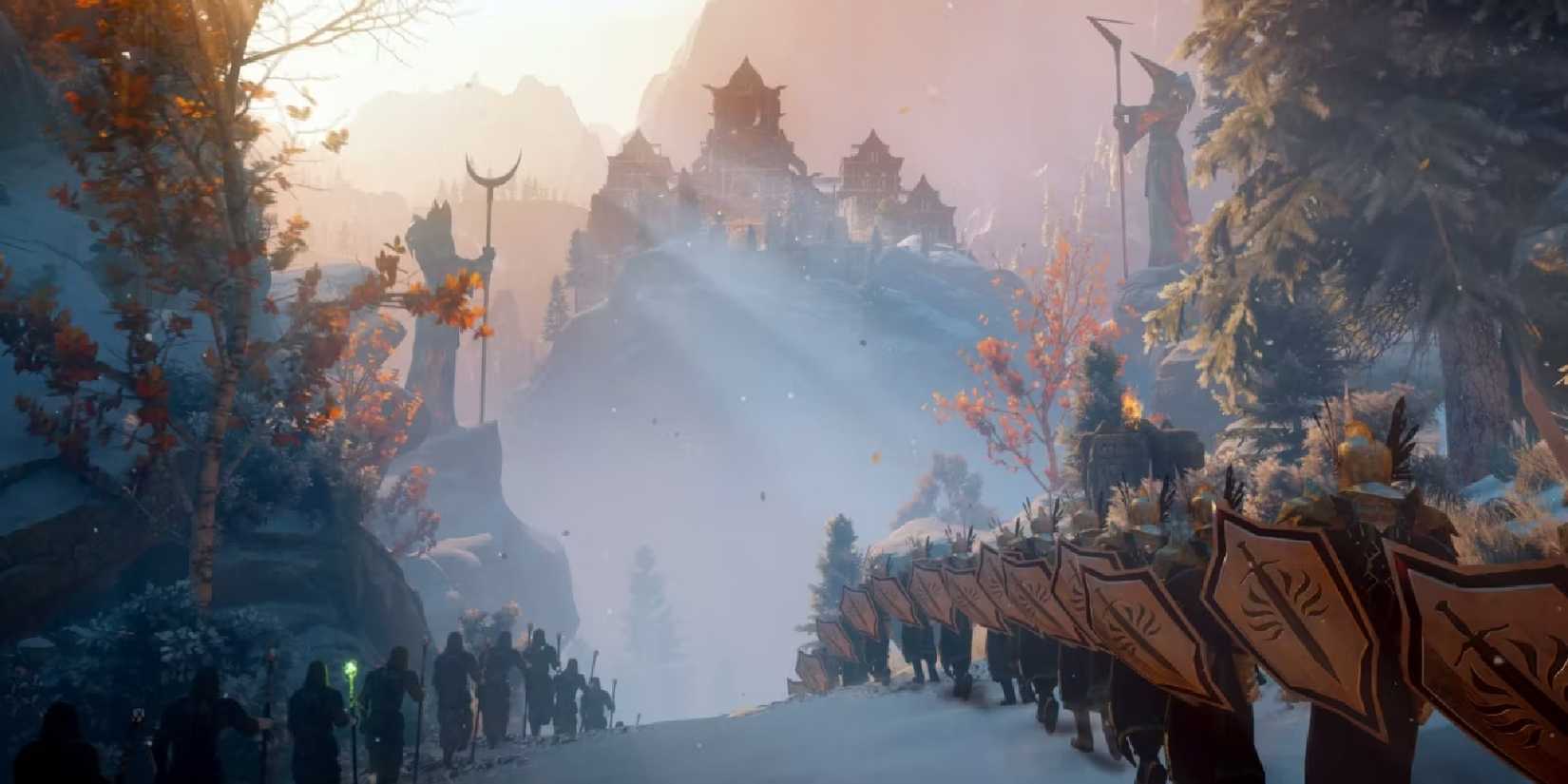 Dragon Age Inquisition title menu Templars and Mages marching forward 