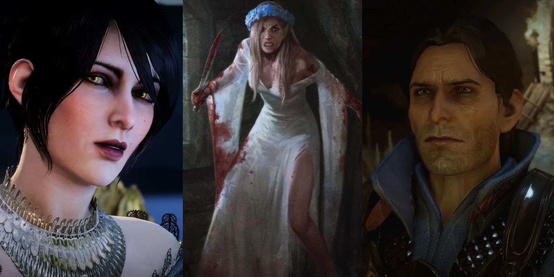 A split image of three characters in Dragon Age