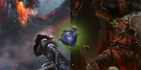 A split image of Dungeonborne with a flask in the center 