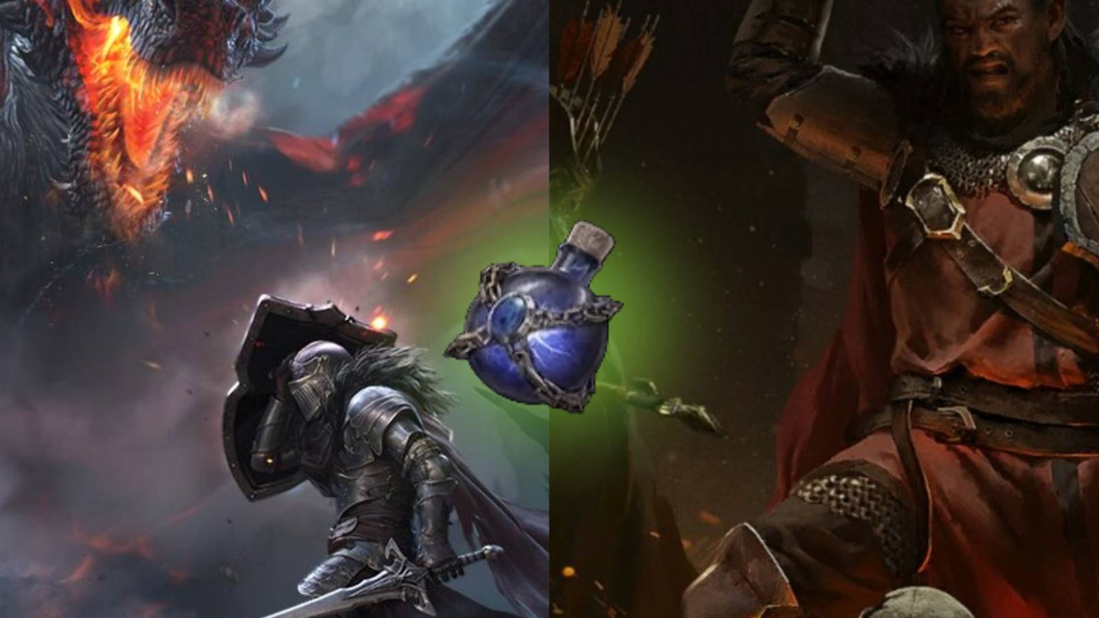 A split image of Dungeonborne with a flask in the center 