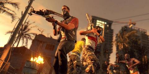 Dying Light - Two man stand back-to-back armed with a gun and a baseball bat as a horde of zombies close in
